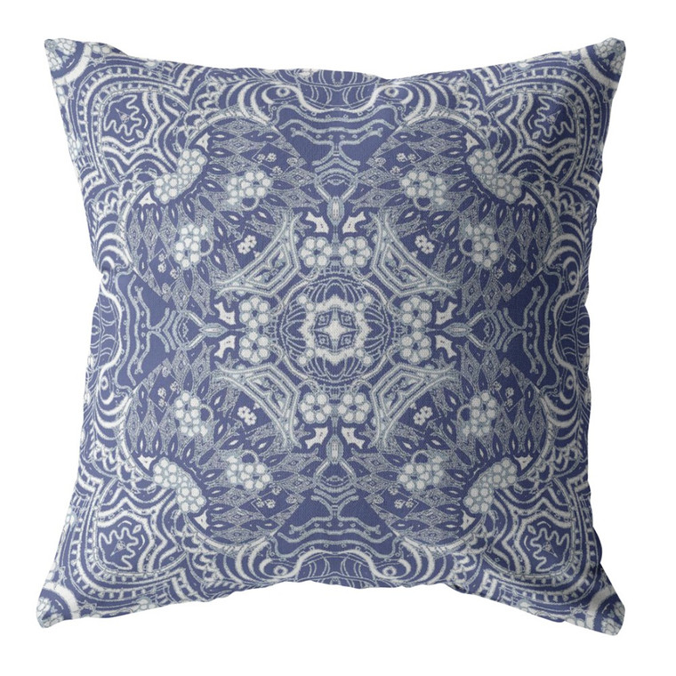 26” Indigo White Boho Ornate Indoor Outdoor Throw Pillow - 606114008705