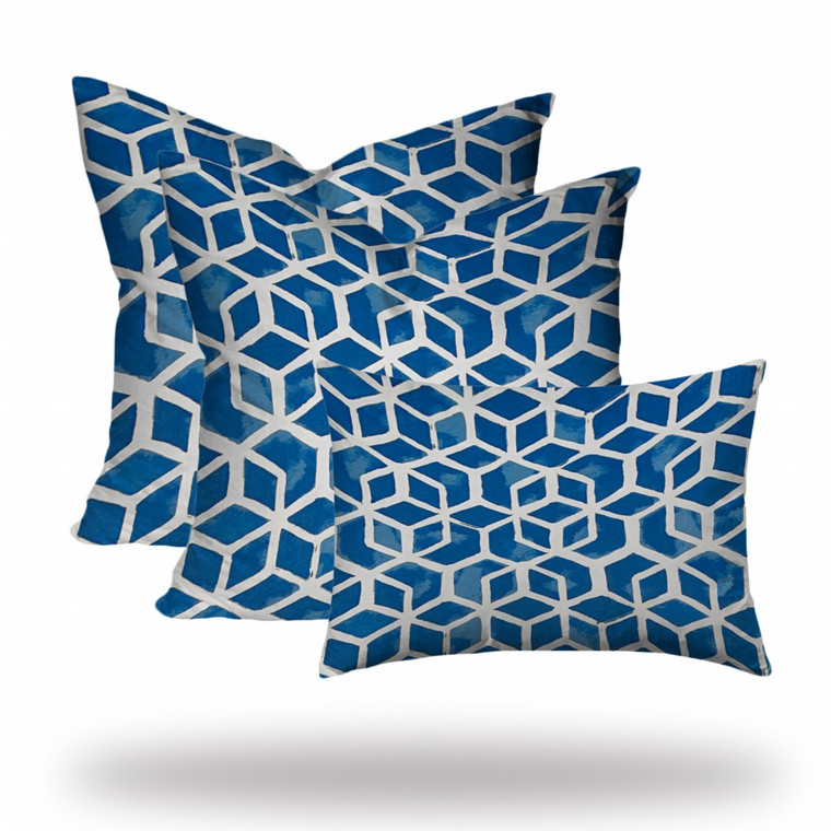 Set Of Three 20" X 20" Blue And White Zippered Geometric Throw Indoor Outdoor Pillow Cover - 606114096214