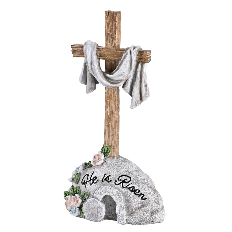 Tabletop Cross On Stone He Is Risen 7.5H