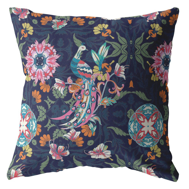 16" Navy Pink Peacock Indoor Outdoor Zippered Throw Pillow - 606114009757