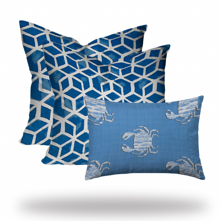 Set Of Three 20" X 20" Blue And White Zippered Geometric Throw Indoor Outdoor Pillow Cover - 606114096276