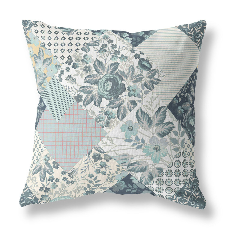 16" Teal White Boho Floral Indoor Outdoor Throw Pillow - 606114021964