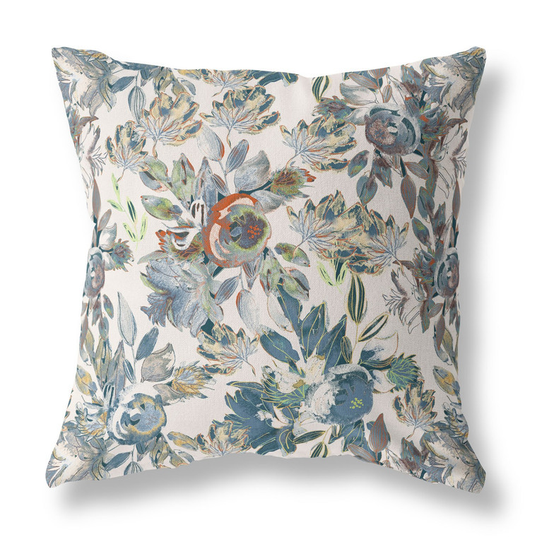 20” Blue White Florals Indoor Outdoor Zippered Throw Pillow - 808230197077