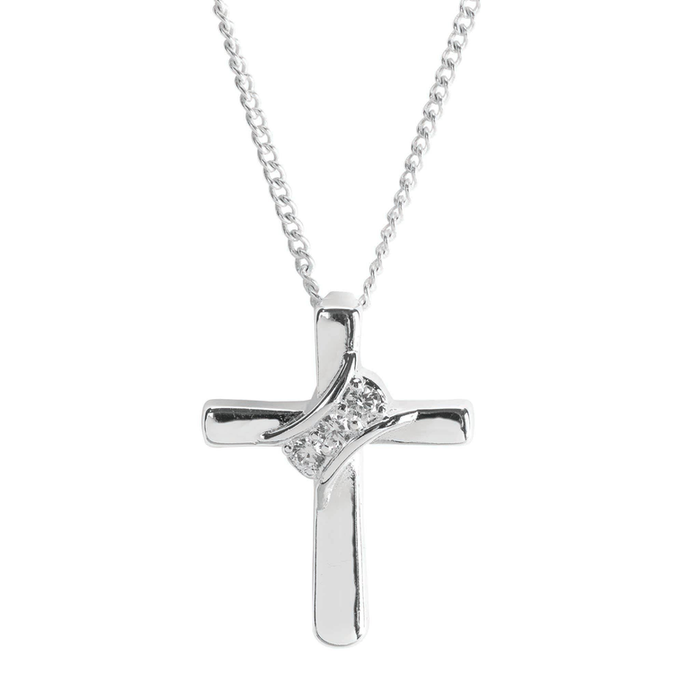 Cross With Cubic Zirconia Sash Silver Plated Necklace