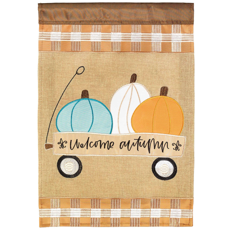 Welcome Autumn Wagon Fld Flag Burlap