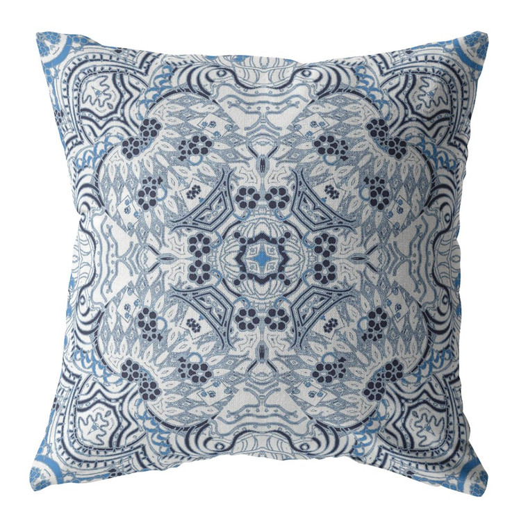 16” Light Blue Boho Ornate Indoor Outdoor Zippered Throw Pillow - 606114013150