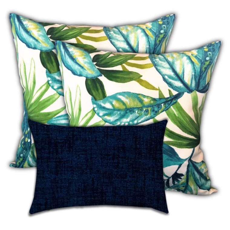 Set Of Three 18" X 18" White And Blue Zippered Tropical Throw Indoor Outdoor Pillow - 606114102762