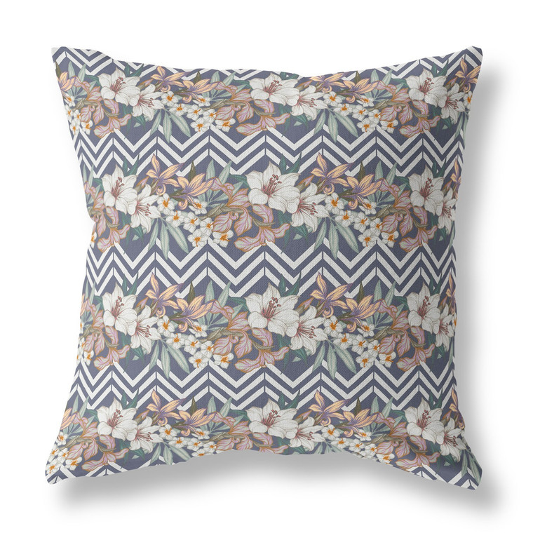 18" X 18" Navy Blue And Orange Blown Seam Floral Indoor Outdoor Throw Pillow - 606114671091