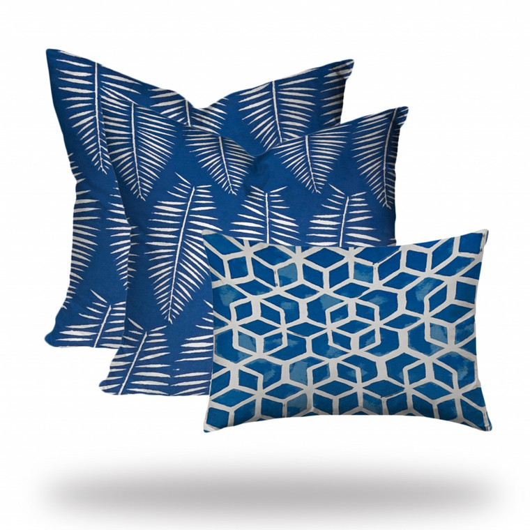 Set Of Three 20" X 20" Blue And White Blown Seam Geometric Throw Indoor Outdoor Pillow - 606114095095