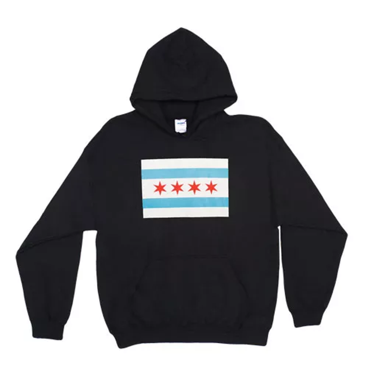 Pullover/Hooded Black Sweatshirt-Chicago Flag