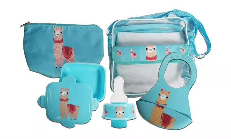 Refresh-A-Baby Feeding Essentials Kit Includes: Universal Bottle Top Adaptor Resealable Container Silicone Bib Clear Travel Bag (Llama)
