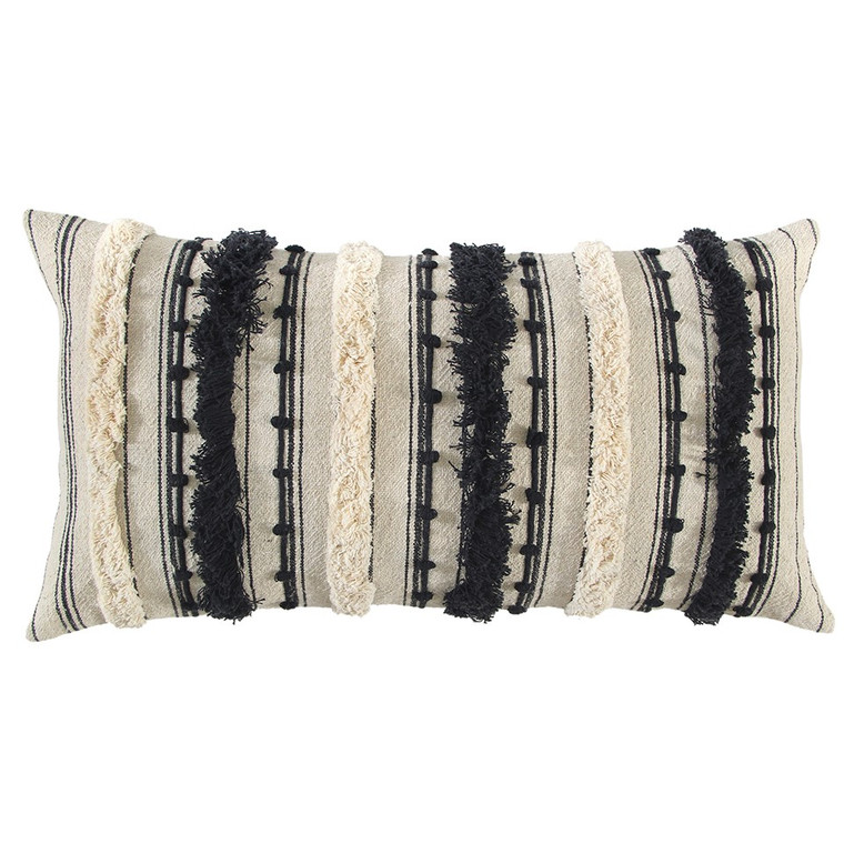 Homeroots Home Decor Beige Black Eyelash Fringe Textured Lumbar Pillow, Beige Black, 26 x 14 Inches