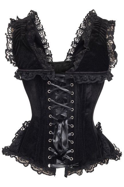 Top Drawer Black Velvet & Lace Steel Boned Corset with Cap Sleeves