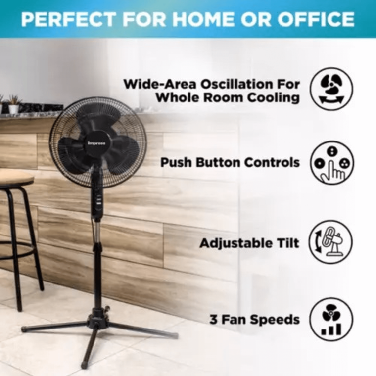 Impress Easy-Assemble 3-Speed 16-Inch Stand Oscillating Pedestal Floor Fan Black
