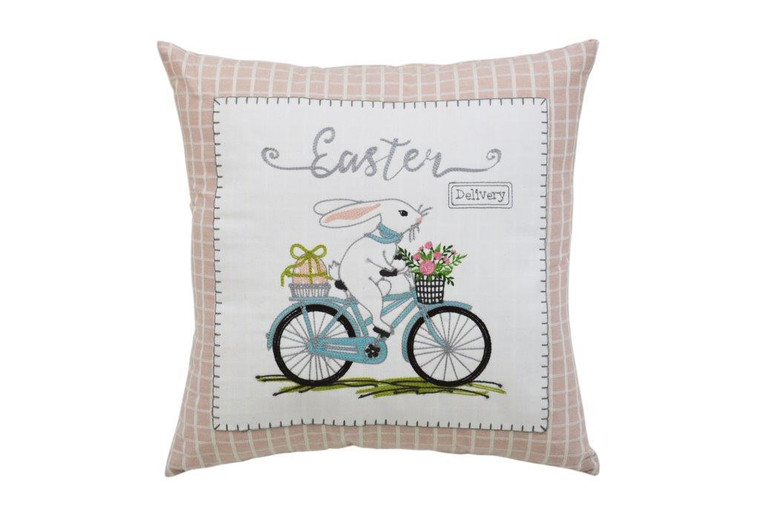 17" X 17" Light Pink Checkered Easter Bunny on Bicycle Throw Pillow - 606114064923