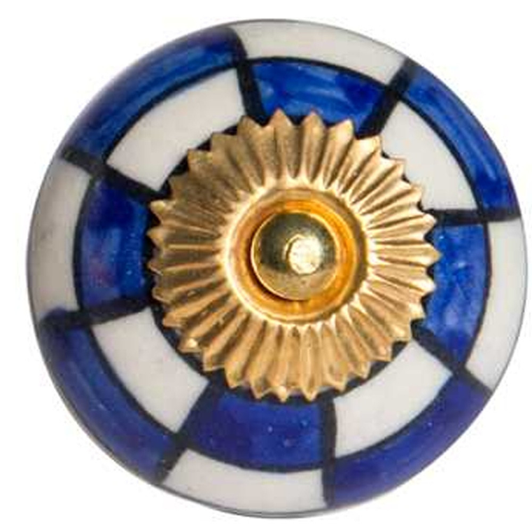 Set of Twelve Blue White And Gold Geometric Ceramic Drawer Pull Knobs