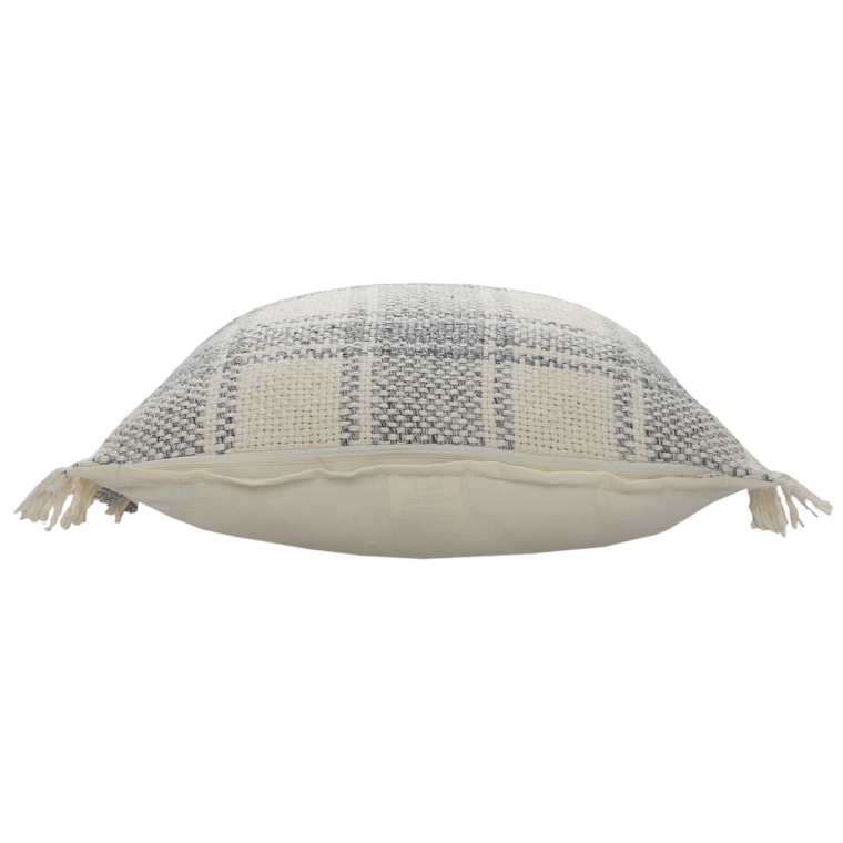 Set of Two 20" Off White And Gray Plaid Cotton Throw Pillows with Fringe