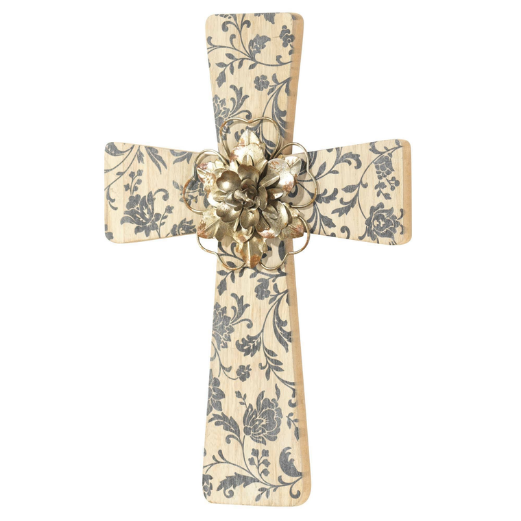 Metal Wall Cross With Wood Flower