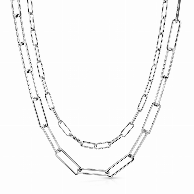 Silver Double Elongated & Large Rectangle Link Chain Necklace