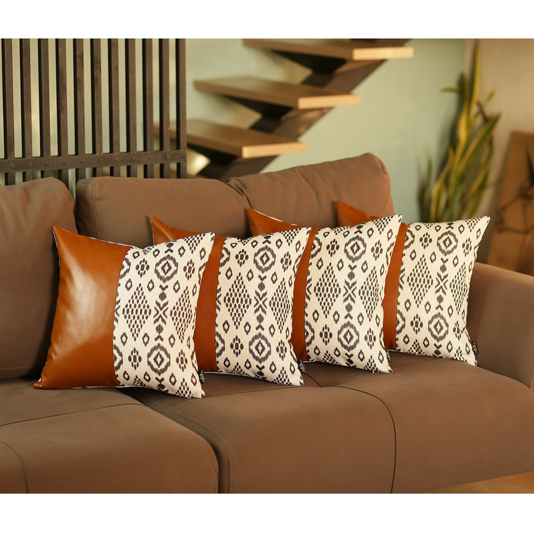 Set of 4 Black and White Tribal Faux Leather Pillow Covers - 4512822836928