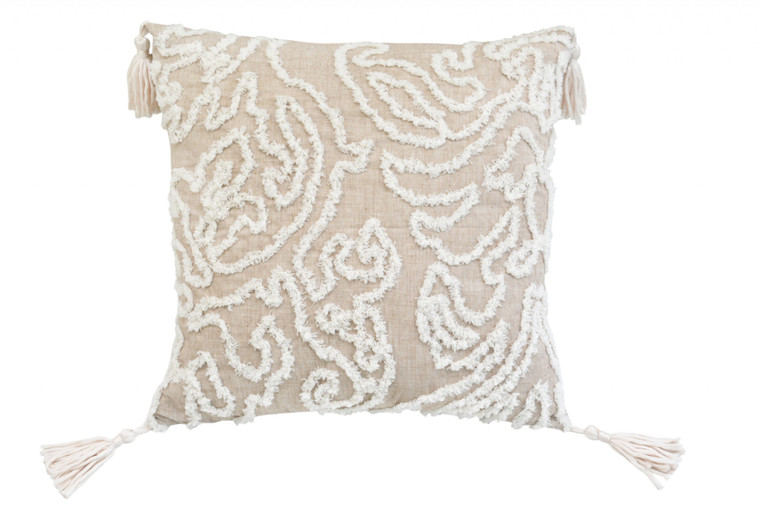 17" X 17" Beige And White Abstract Zippered Polyester Throw Pillow With Tassels - 606114085430