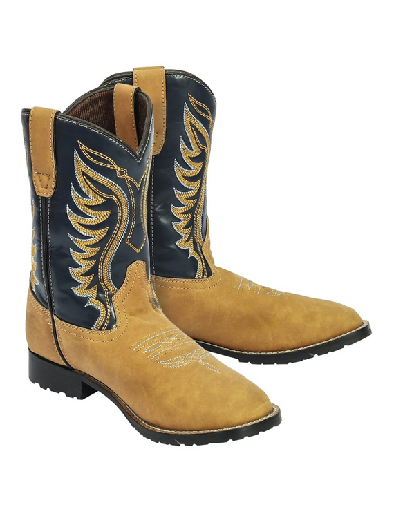 TuffRider Children's Lassen Rounded Toe Western Boot- Tan w/ Navy- 9C