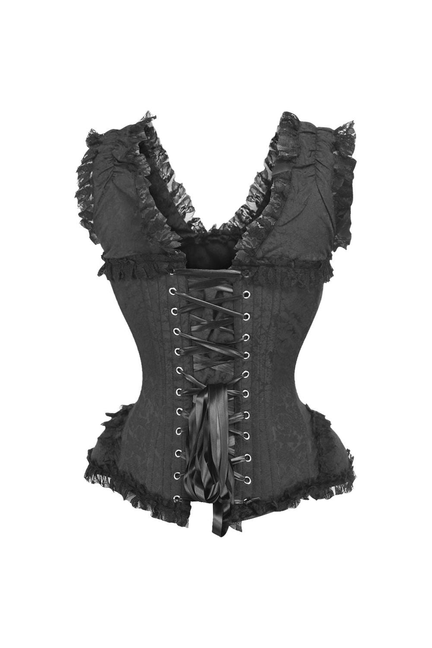 Top Drawer Black Brocade & Lace Steel Boned Corset with Cap Sleeves