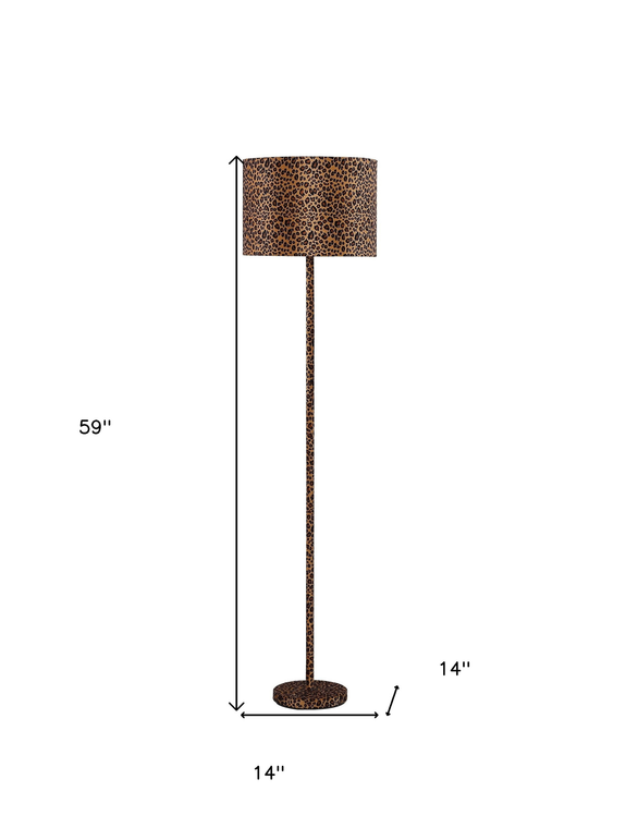 59" Amber And Black Metal Floor Lamp With Amber And Black Animals Faux Leather Cylinder Shade