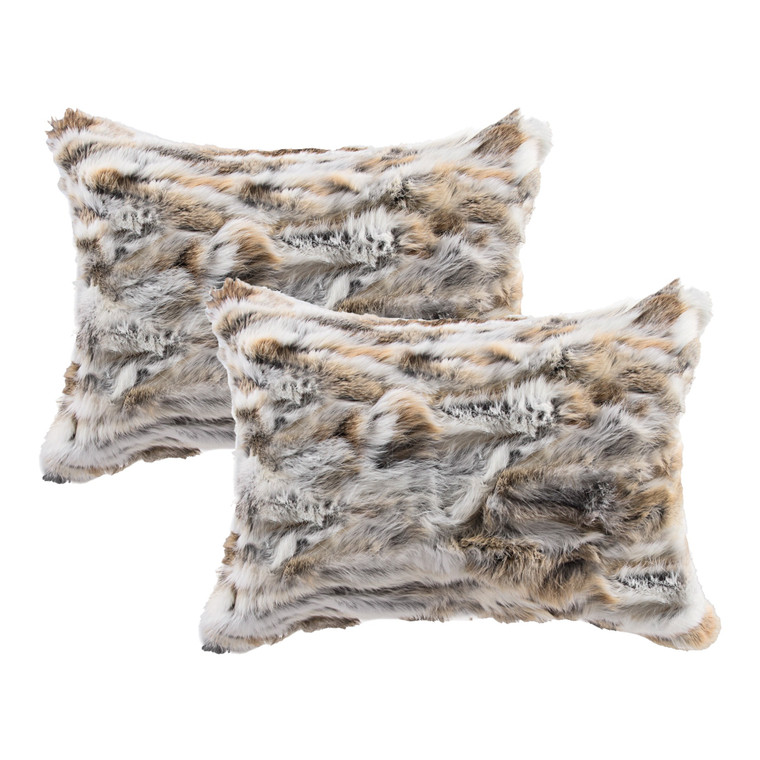 Set Of Two 12" X 20" Tan And White Rabbit Natural Fur Animal Print Throw Pillows - 4512839592169