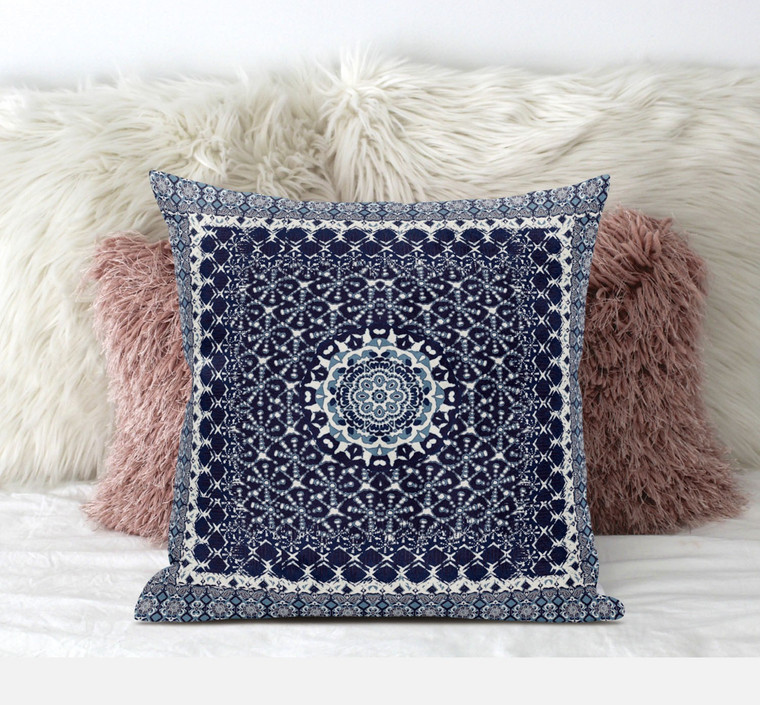 20” Indigo Blue Holy Floral Zippered Suede Throw Pillow - 606114019633