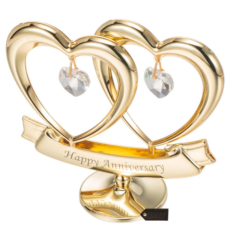 Matashi 24K Gold Plated Crystal Studded Double Heart Happy Anniversary Banner Ornament