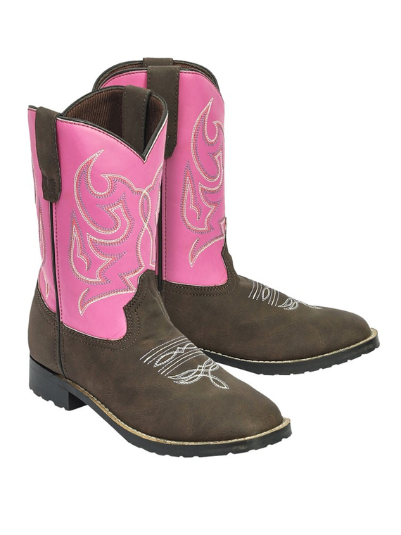 TuffRider Youth Voyageurs Square Toe Western Boot- Mocha w/ Hot Pink- 7Y