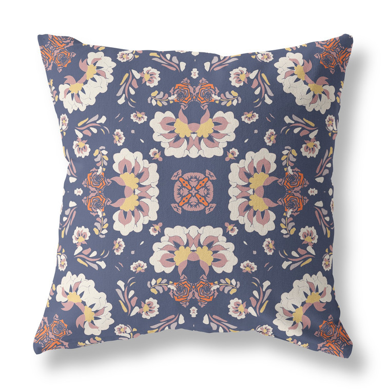 20" X 20" Blue And White Floral Blown Seam Suede Throw Pillow - 606114084594