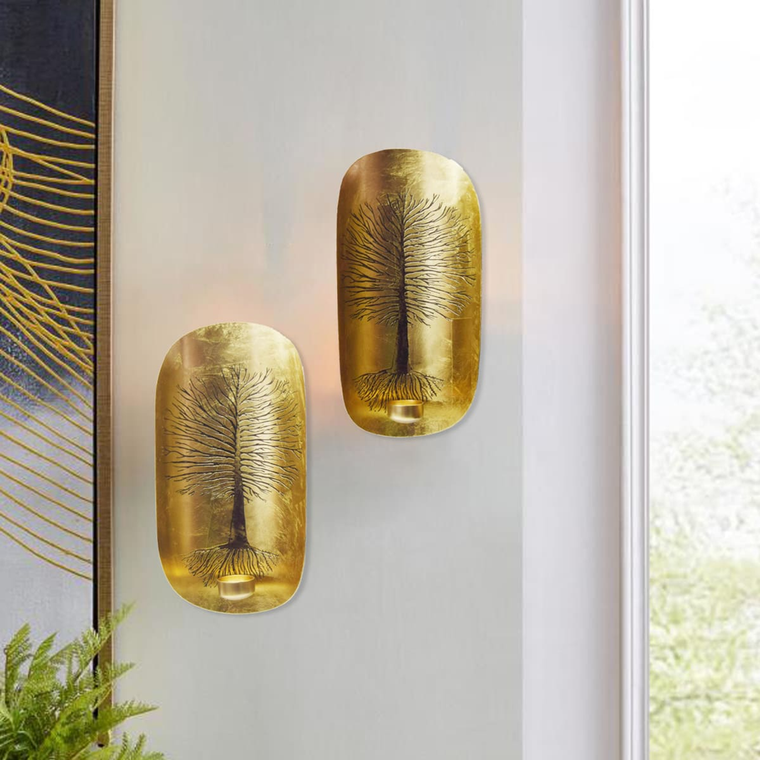 Copper and Gold Wall Candle Sconces with Tree of Life Design