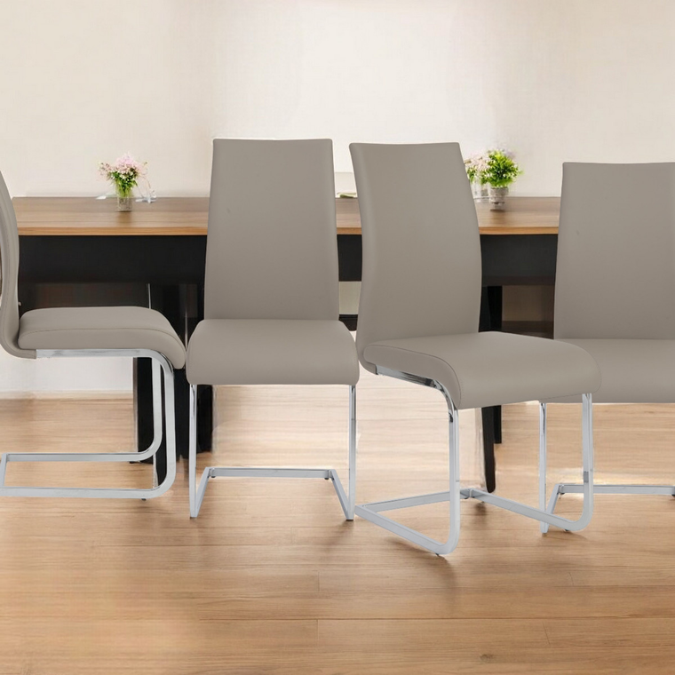 Set of Four Taupe and Silver Upholstered Leather Dining Side Chairs