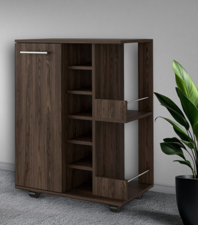 Brown Rolling Bar Cart With Wine Storage
