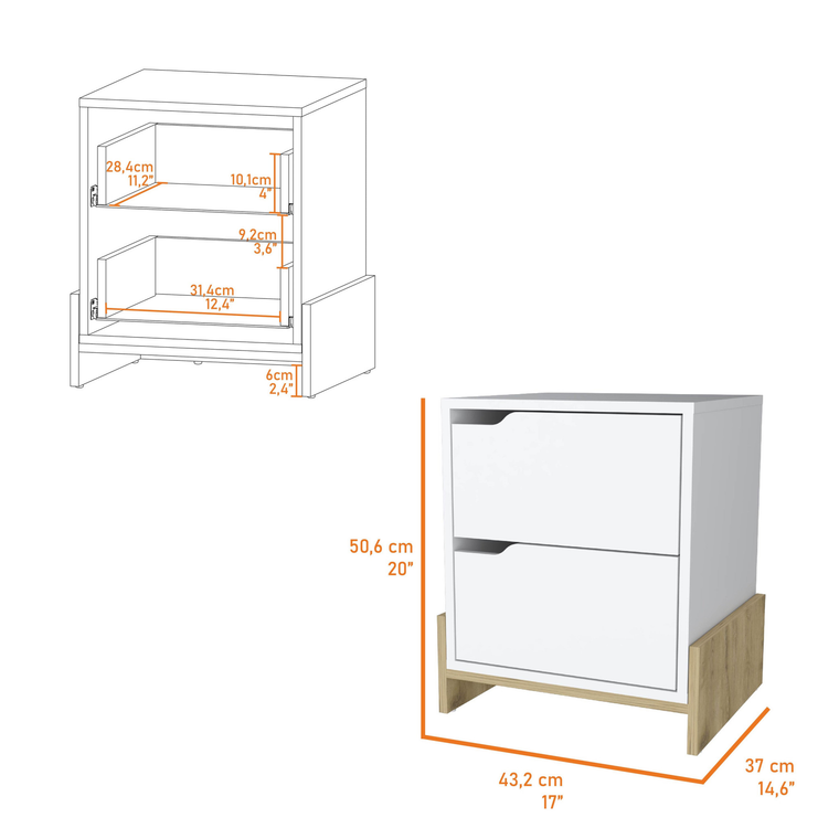 20" White And Natural Wood Two Drawer Nightstand