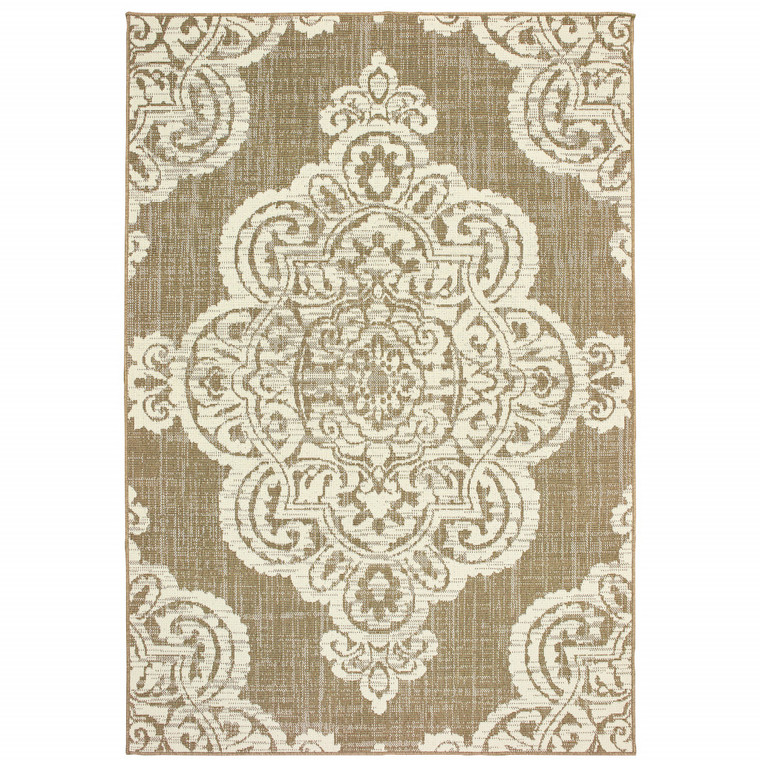 4' X 6' Tan Oriental Stain Resistant Indoor Outdoor Area Rug - 606114582687
