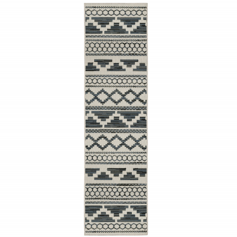 2' X 7' Beige Geometric Stain Resistant Indoor Outdoor Area Rug - 606114580324
