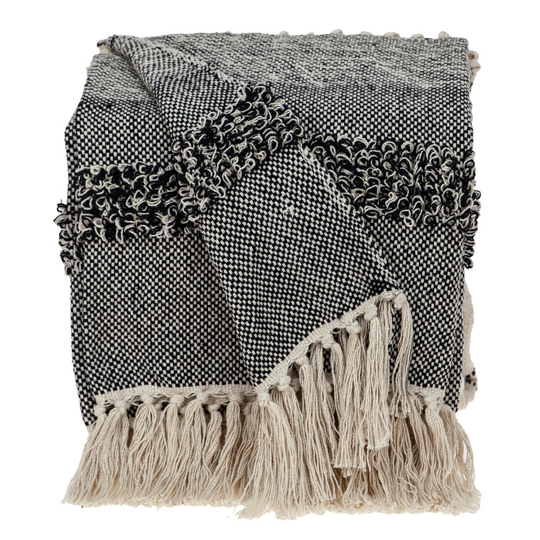 Boho Beige and Black Handloom Weave Throw with Decorative Tassels - 606114636694