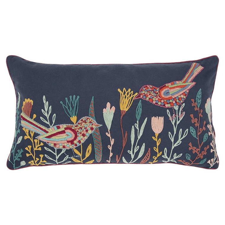Blue Botanical and Bird Embroidered Lumbar Pillow - 808230117853