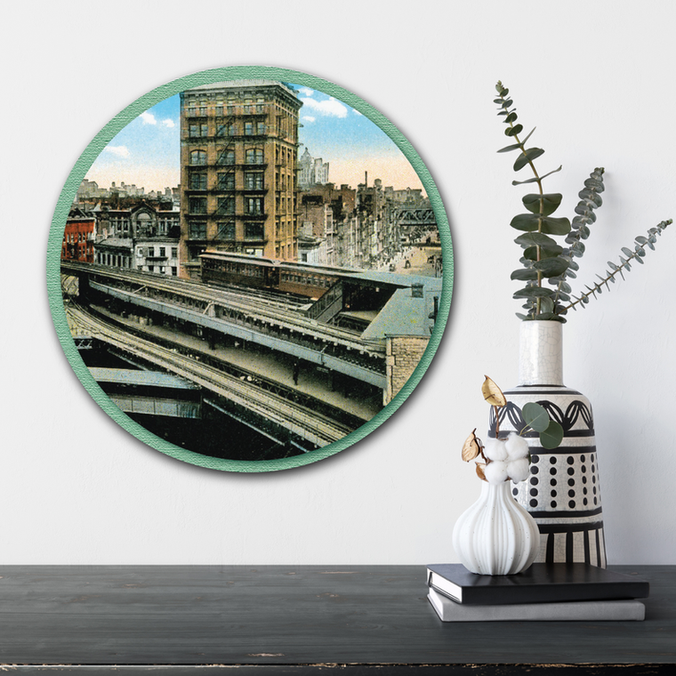 Courtside Market Chatham Square Double Deck Elevated NYC Postcard Circular Wood Decor