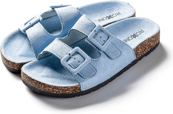 Roxoni Women Comfort Sandals Double Buckle Adjustable EVA Flat Slides Footbed Suede with Arch Support Non-Slip