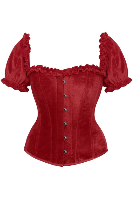 Top Drawer Steel Boned Dark Red Velvet Overbust Corset with Sleeves