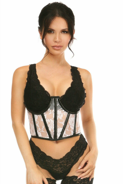 Lavish Sheer Lace & Faux Leather Open Cup Waist Cincher