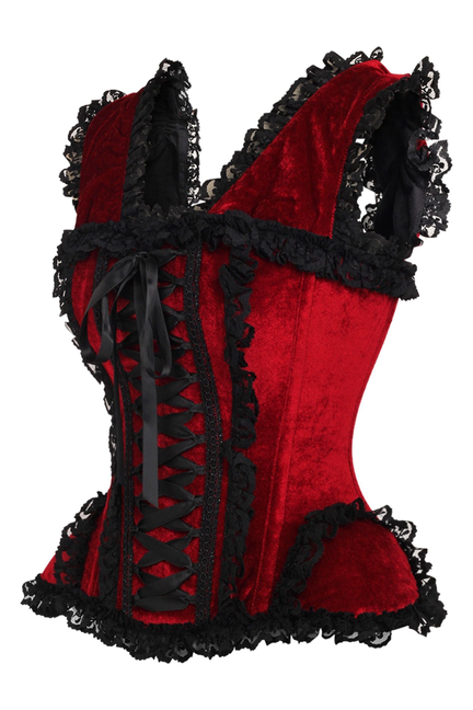 Top Drawer Dark Red Velvet & Lace Steel Boned Corset with Cap Sleeves