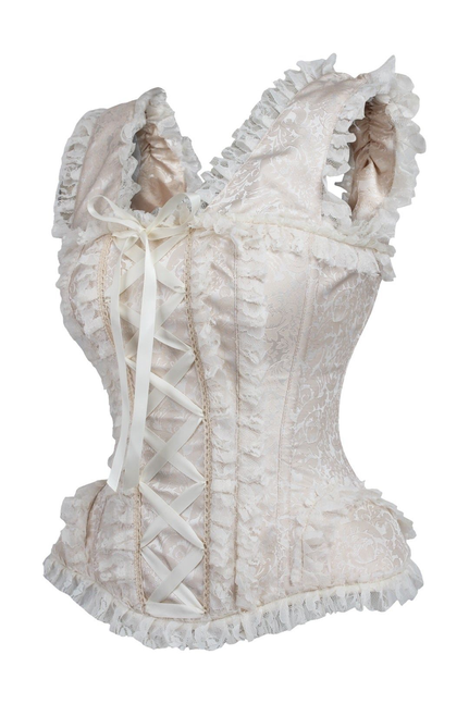 Top Drawer Ivory Brocade & Lace Steel Boned Corset with Cap Sleeves