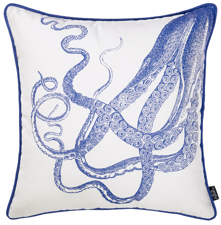 Square White And Blue Octopus Decorative Throw Pillow Cover - 4512839613833