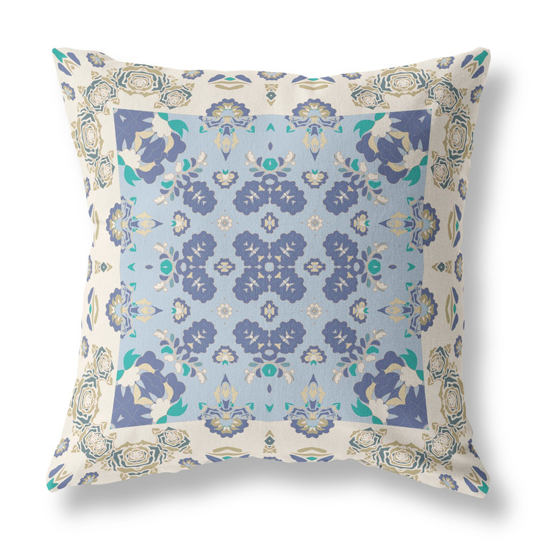 20" X 20" Off White And Blue Floral Blown Seam Suede Throw Pillow - 606114084419