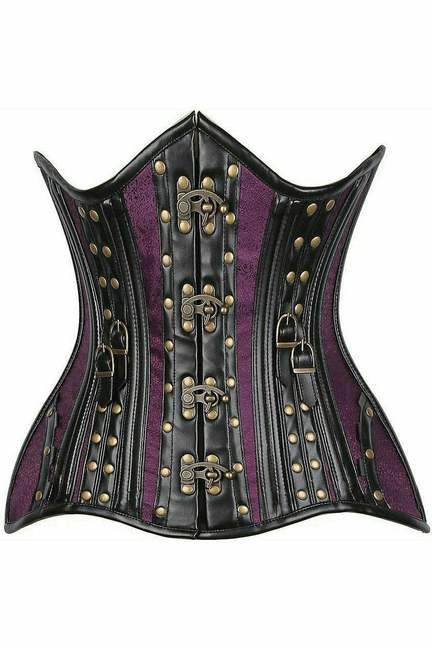 Top Drawer Faux Leather & Colored Brocade Steel Boned Under Bust Corset